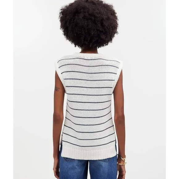 NWT Madewell Puff-Trim Sweater Vest in Stripe In Bright Ivory Size Large
