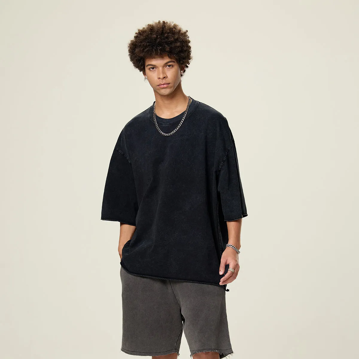 Patchwork Asymmetrical Hem T Shirt 260gsm