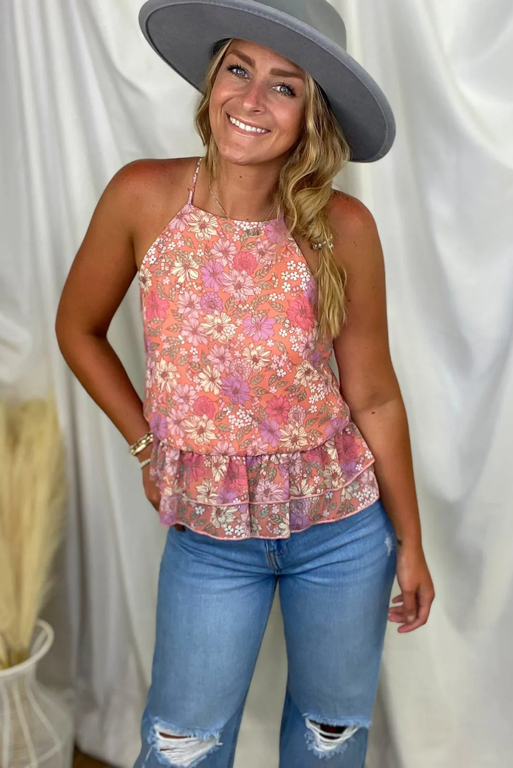 Pink Floral Thin Strap Ruffled Hem Vest
