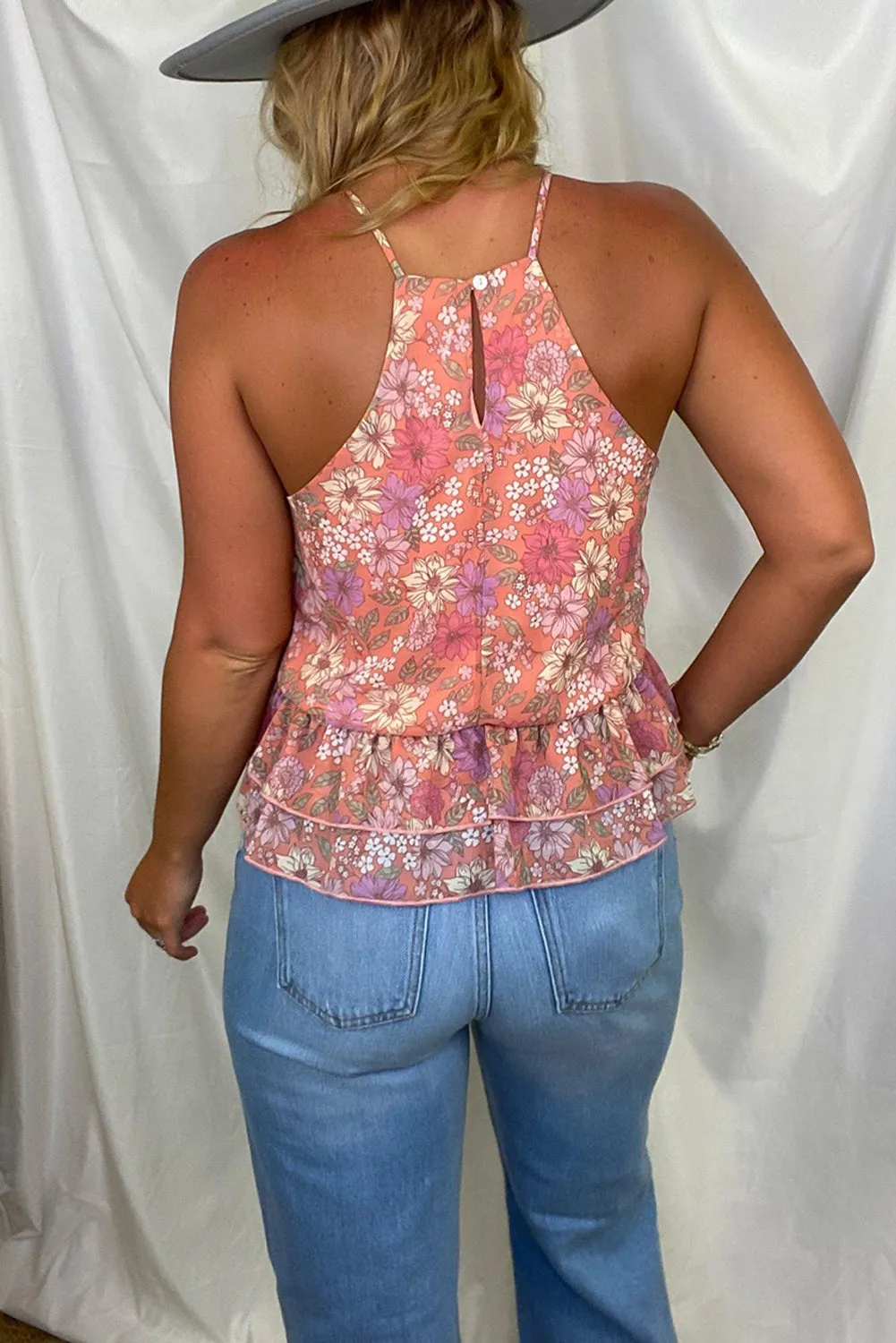 Pink Floral Thin Strap Ruffled Hem Vest