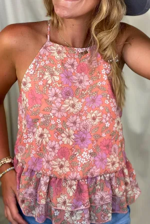 Pink Floral Thin Strap Ruffled Hem Vest