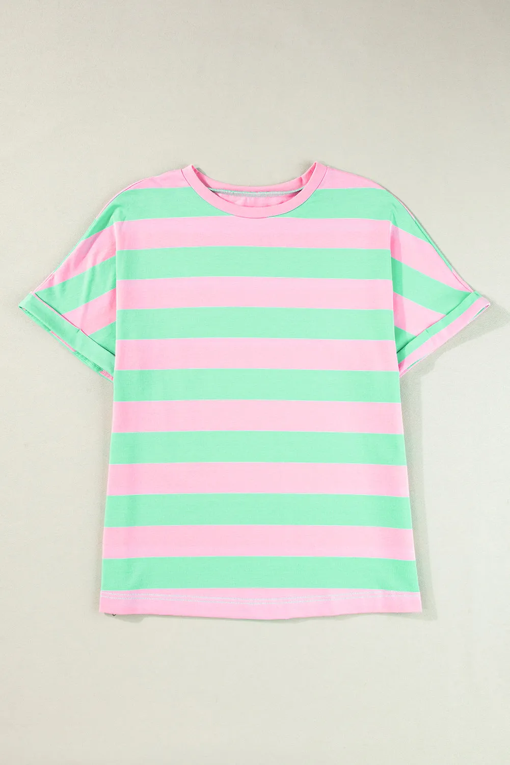 Pink Stripe Colorblock Cuffed Sleeve Loose Tee