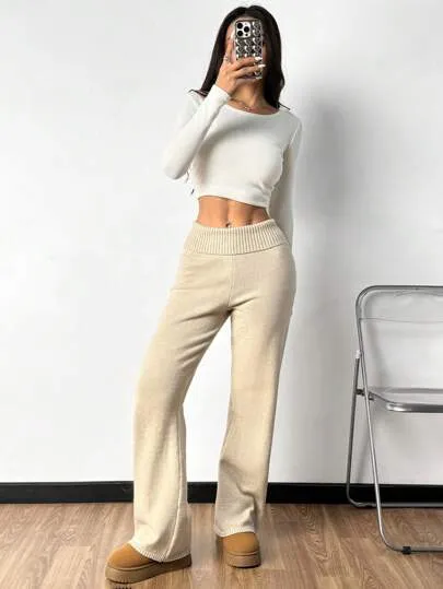 Plain High Waist Flared Knit Palazzo Pants | Casual Autumn & Winter Wear
