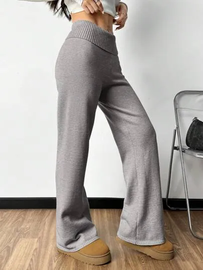 Plain High Waist Flared Knit Palazzo Pants | Casual Autumn & Winter Wear