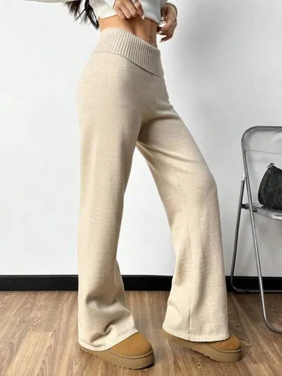 Plain High Waist Flared Knit Palazzo Pants | Casual Autumn & Winter Wear
