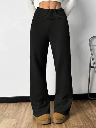 Plain High Waist Flared Knit Palazzo Pants | Casual Autumn & Winter Wear