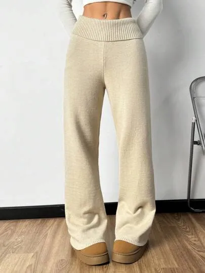 Plain High Waist Flared Knit Palazzo Pants | Casual Autumn & Winter Wear