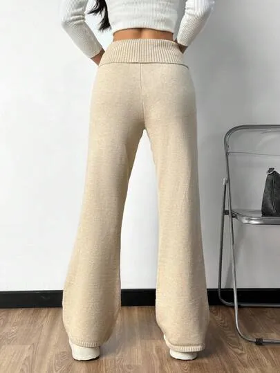 Plain High Waist Flared Knit Palazzo Pants | Casual Autumn & Winter Wear