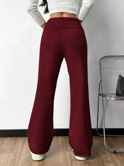 Plain High Waist Flared Knit Palazzo Pants | Casual Autumn & Winter Wear