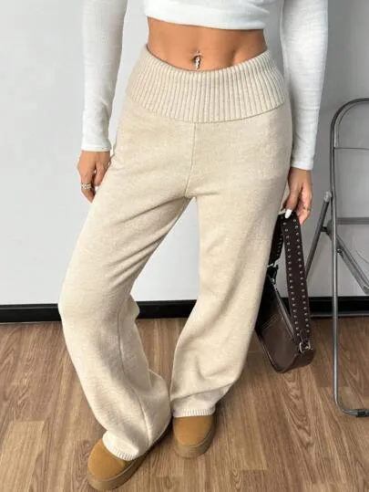 Plain High Waist Flared Knit Palazzo Pants | Casual Autumn & Winter Wear