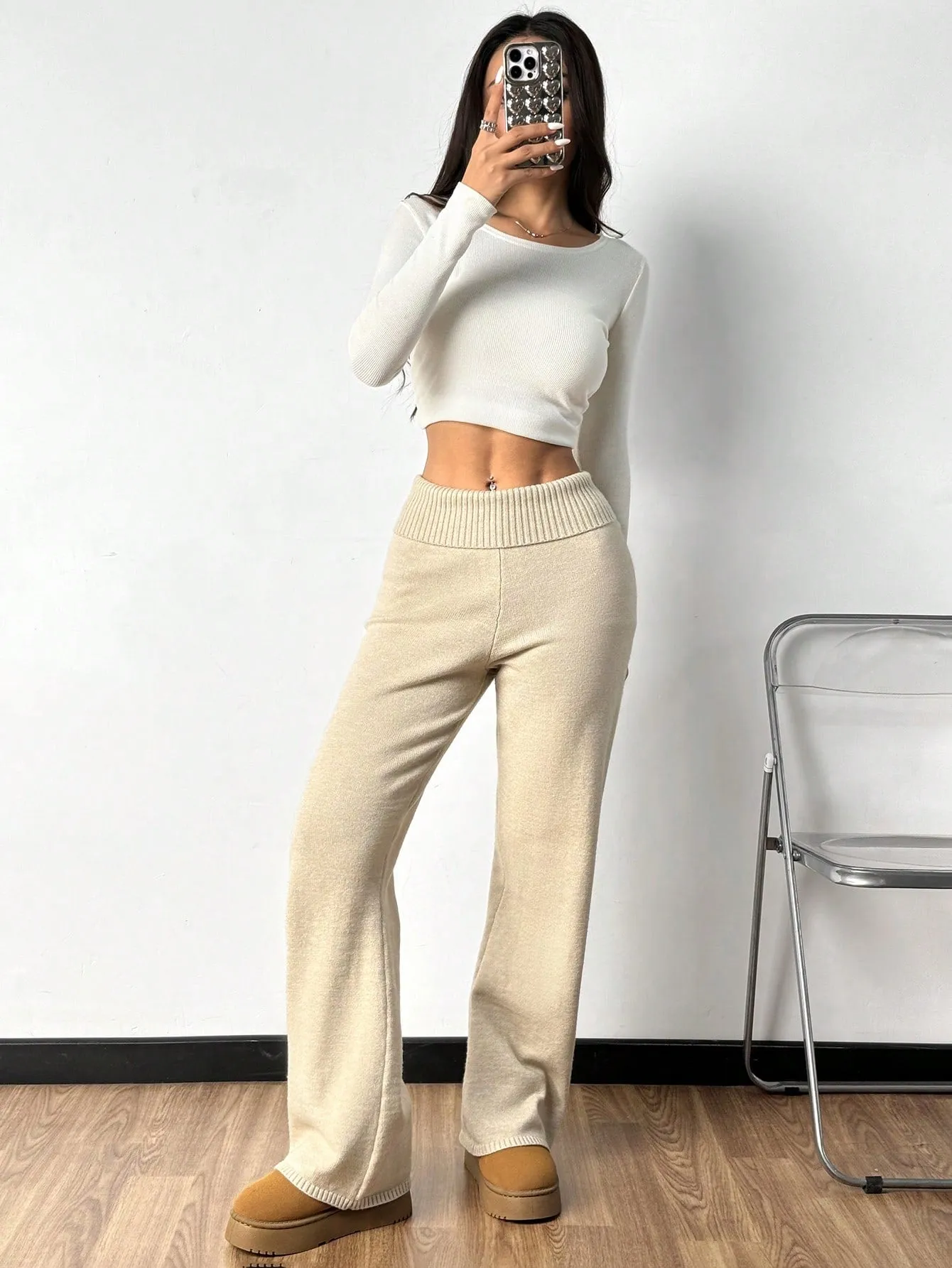 Plain High Waist Flared Knit Palazzo Pants | Casual Autumn & Winter Wear