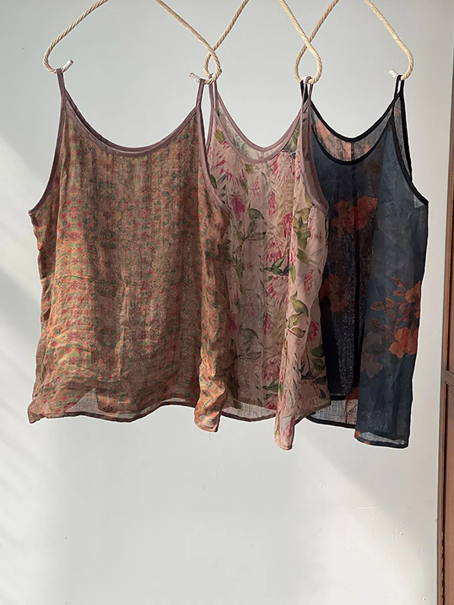 Plus Size Women Summer Vintage Flower Ramie Thin Vest