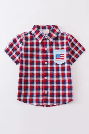 Premium Plaid Patriotic Flag Button Down Boy Shirt