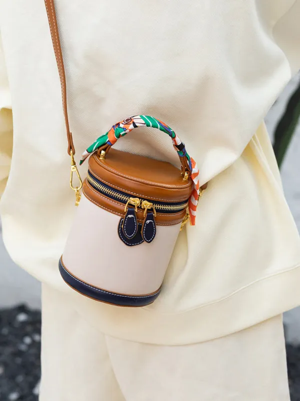Retro Contrast Color Cylindrical Handbag Crossbody Bag