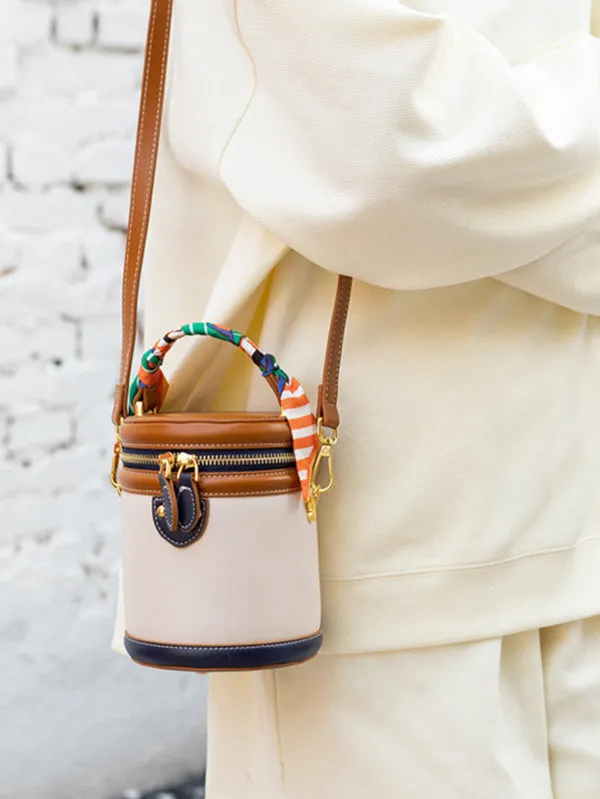 Retro Contrast Color Cylindrical Handbag Crossbody Bag