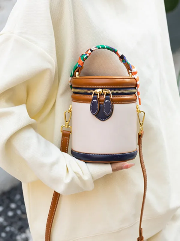 Retro Contrast Color Cylindrical Handbag Crossbody Bag