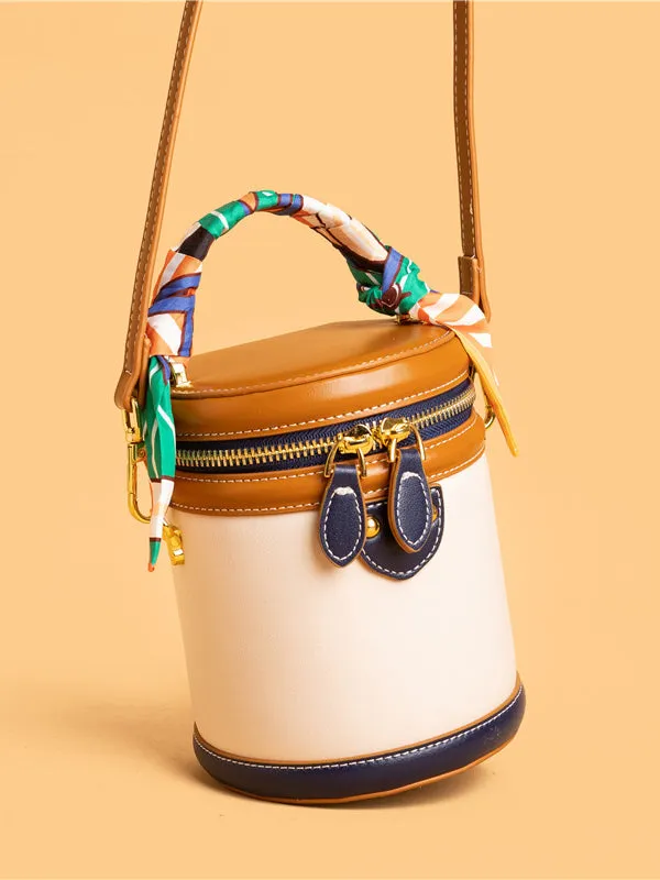Retro Contrast Color Cylindrical Handbag Crossbody Bag