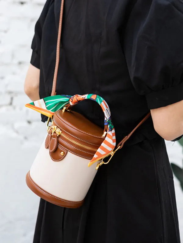Retro Contrast Color Cylindrical Handbag Crossbody Bag