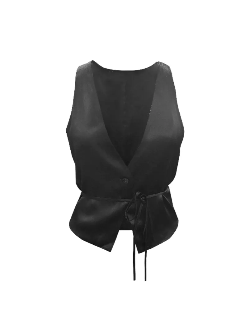 Silk Button Front Vest Black