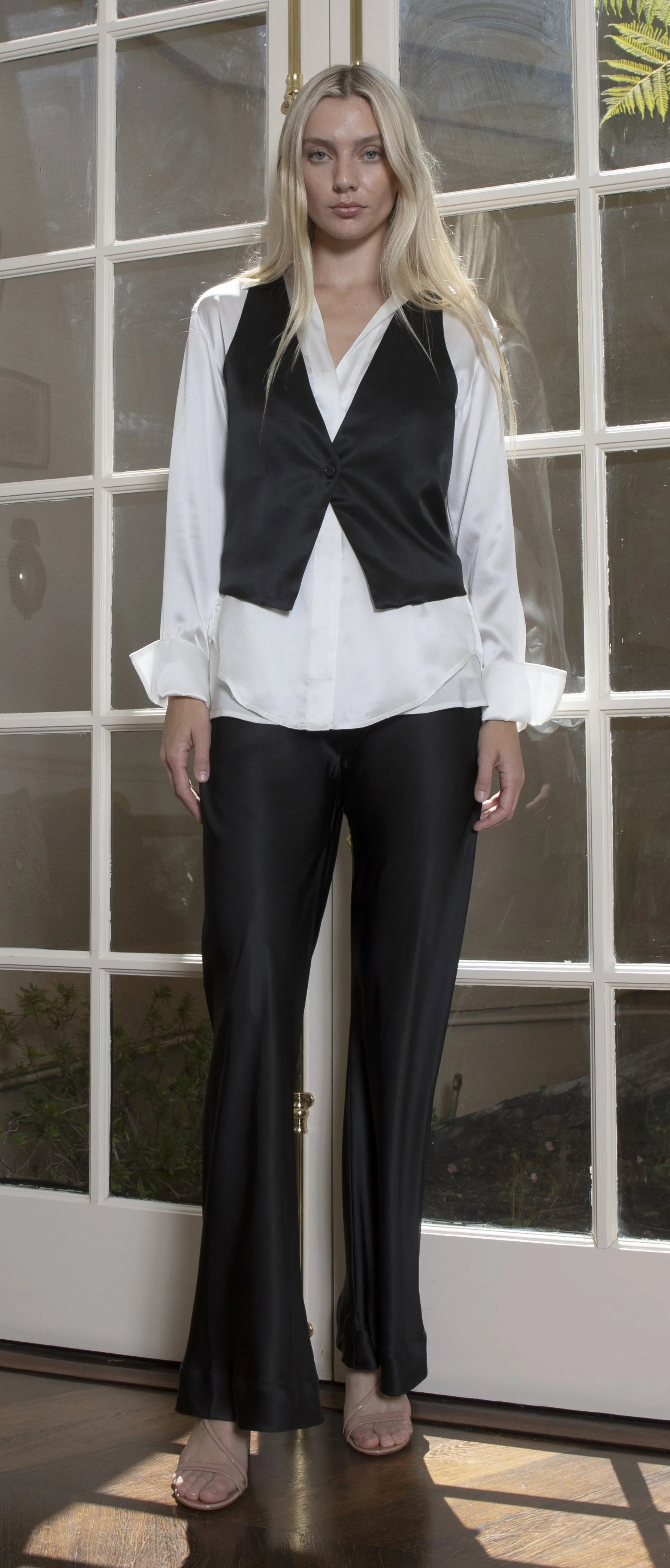 Silk Button Front Vest Black