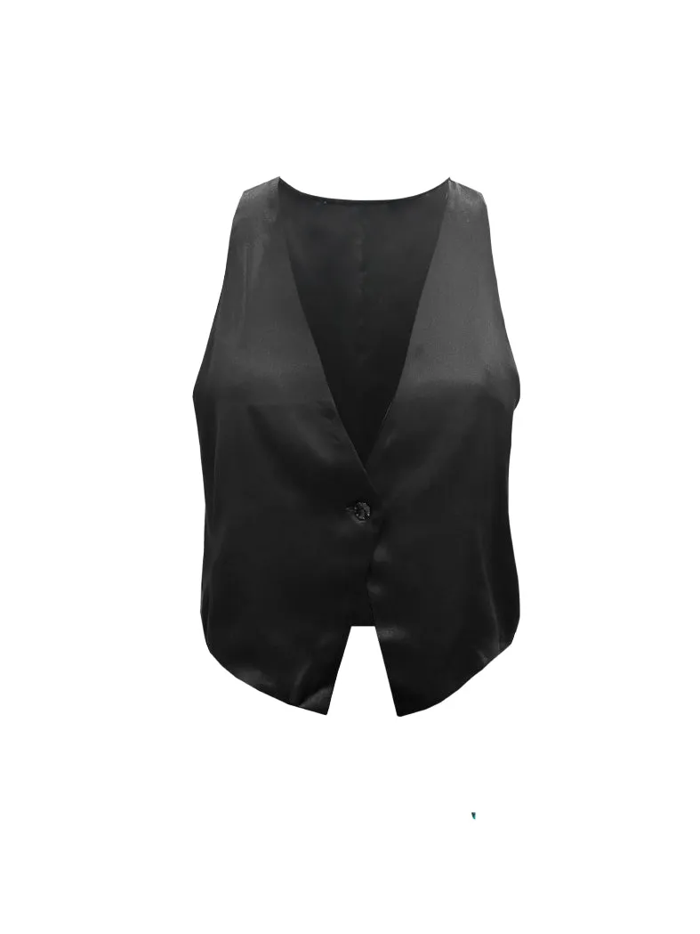 Silk Button Front Vest Black