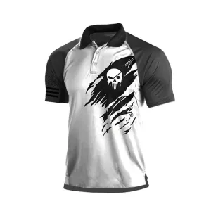 SKULL COLOR BLOCK 1/4 BUTTON GRAPHIC POLO SHIRT