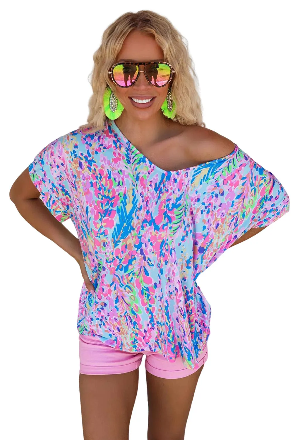 Sky Blue Loose Painted Floral Tee