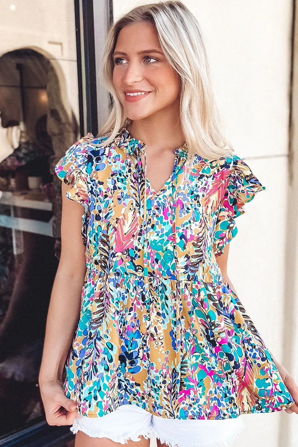 Sky Blue Loose Painted Floral Tee