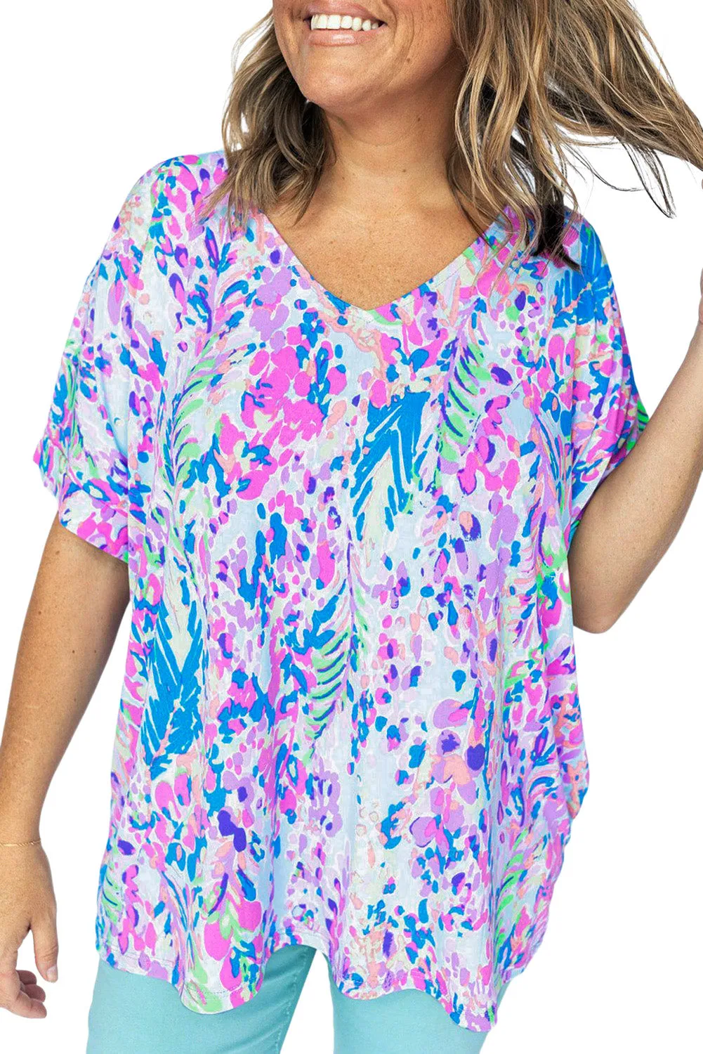 Sky Blue Loose Painted Floral Tee