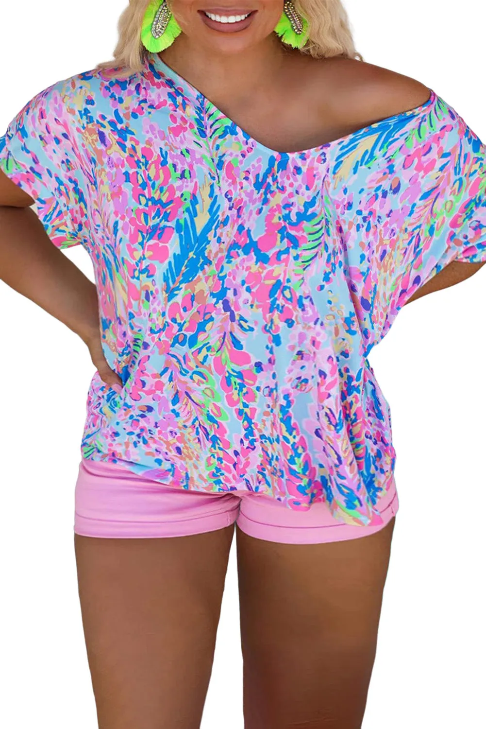 Sky Blue Loose Painted Floral Tee
