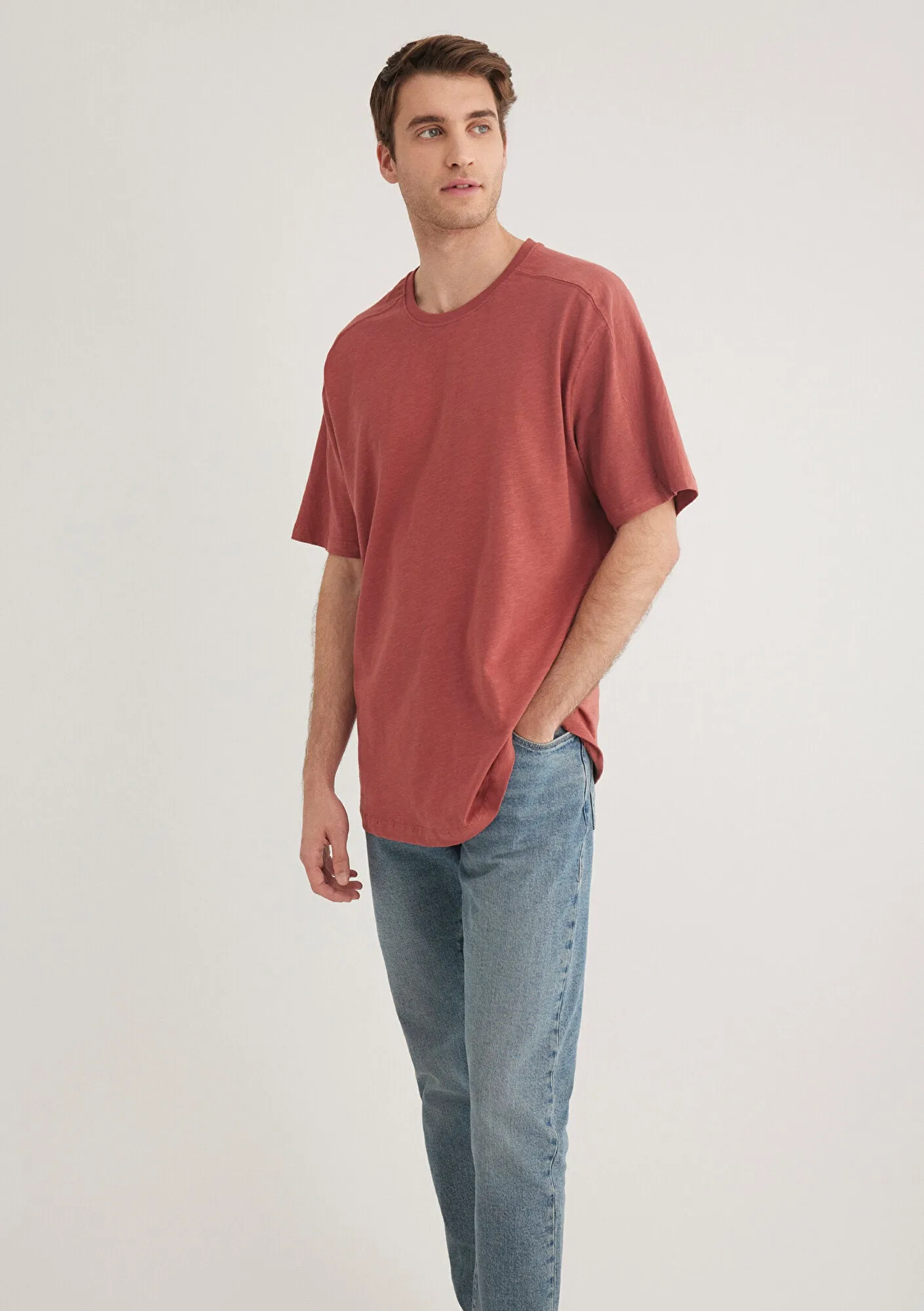 Stich Detailed Red Basic T-Shirt