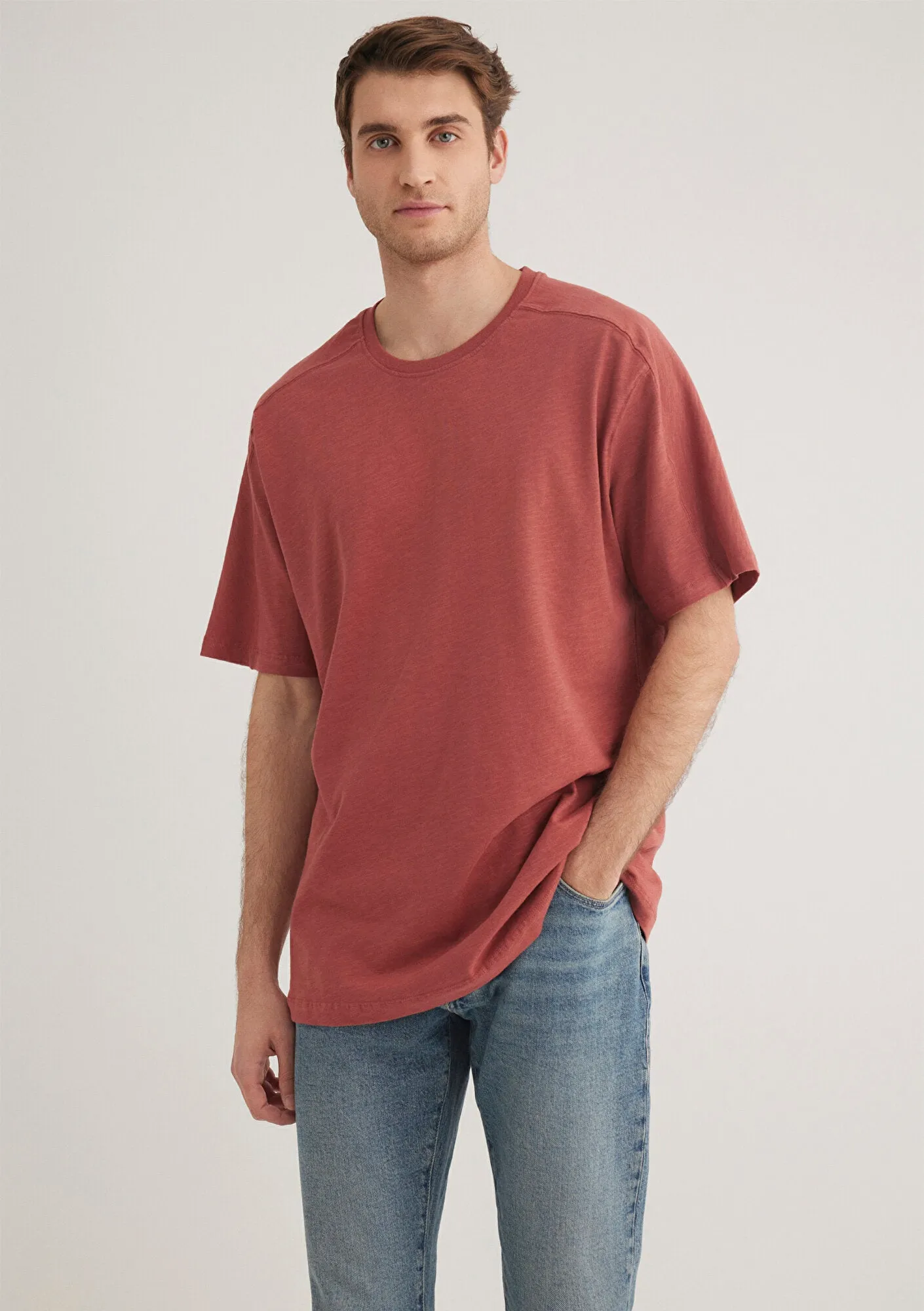 Stich Detailed Red Basic T-Shirt