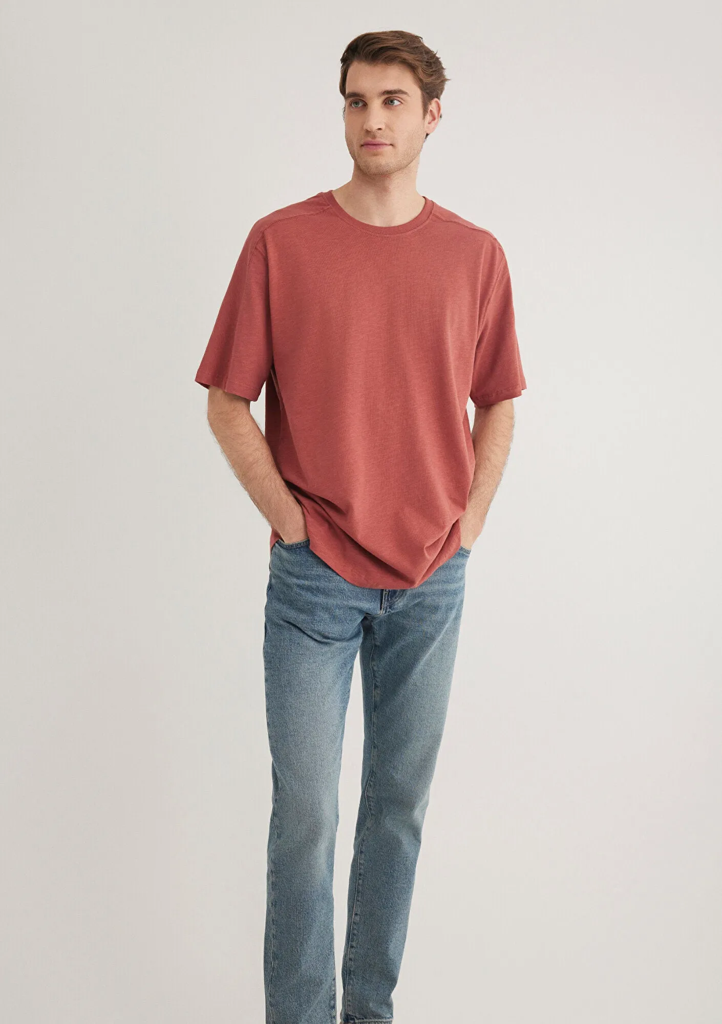 Stich Detailed Red Basic T-Shirt