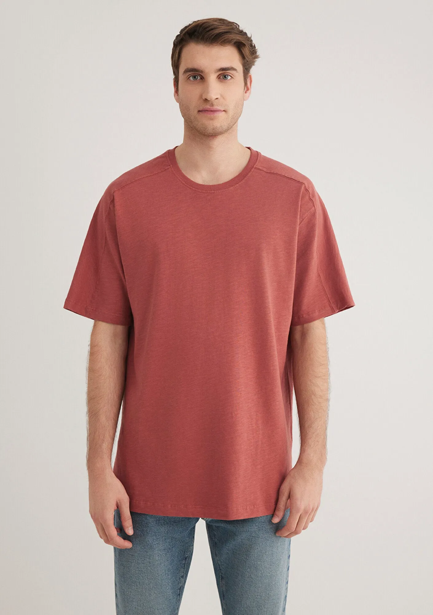 Stich Detailed Red Basic T-Shirt