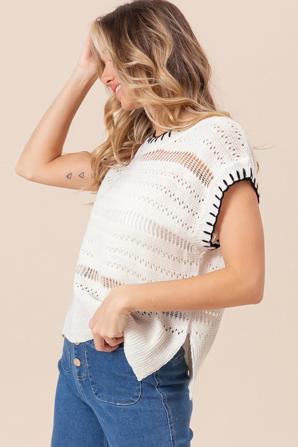 Stitch Edge Pointelle Side Slit Sweater Top