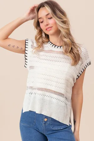 Stitch Edge Pointelle Side Slit Sweater Top