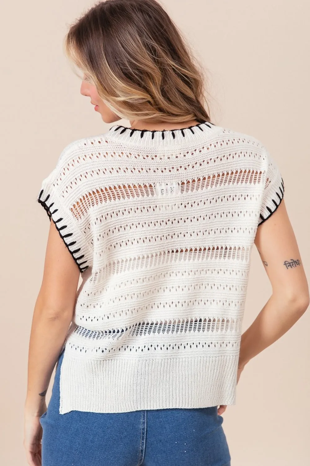 Stitch Edge Pointelle Side Slit Sweater Top