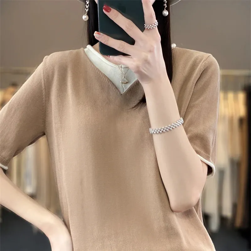 Summer Short-Sleeved Round Neck Knitting Sweater