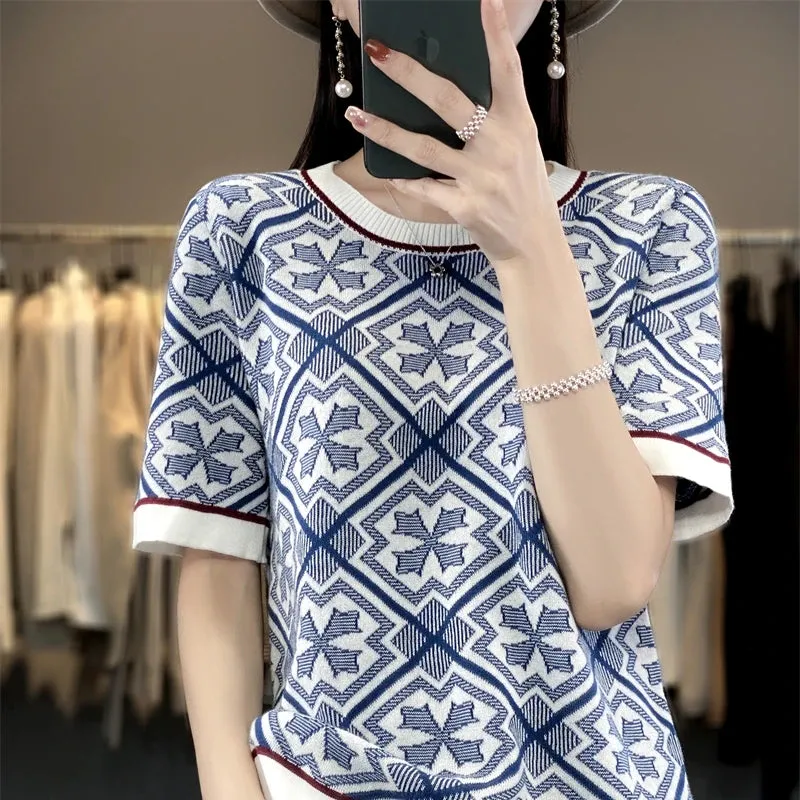 Summer Short-Sleeved Round Neck Knitting Sweater