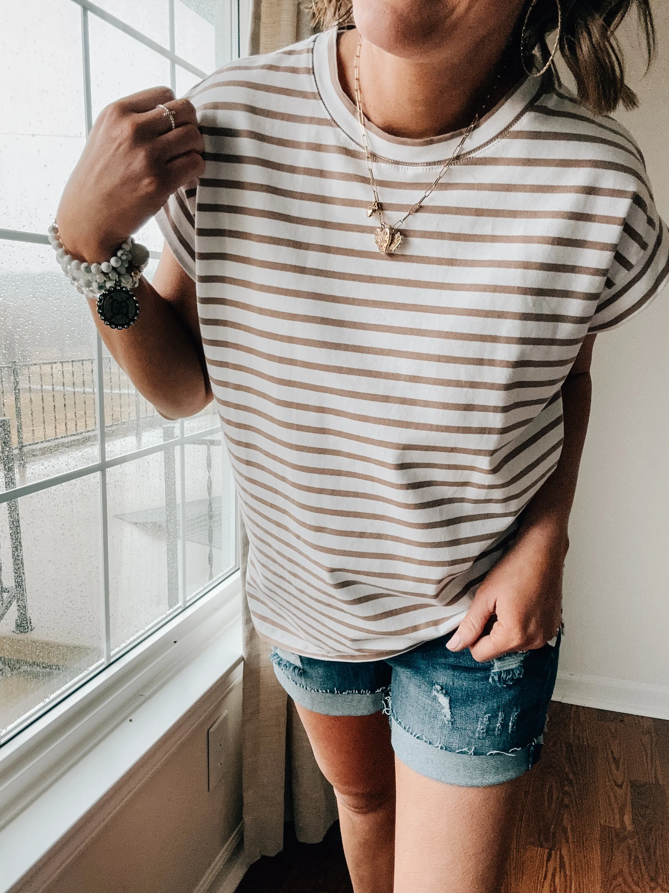 Taupe   White Striped Cap Sleeve Tank