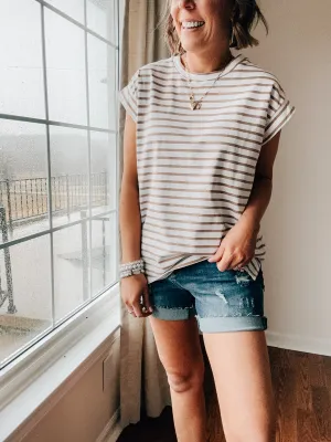 Taupe   White Striped Cap Sleeve Tank