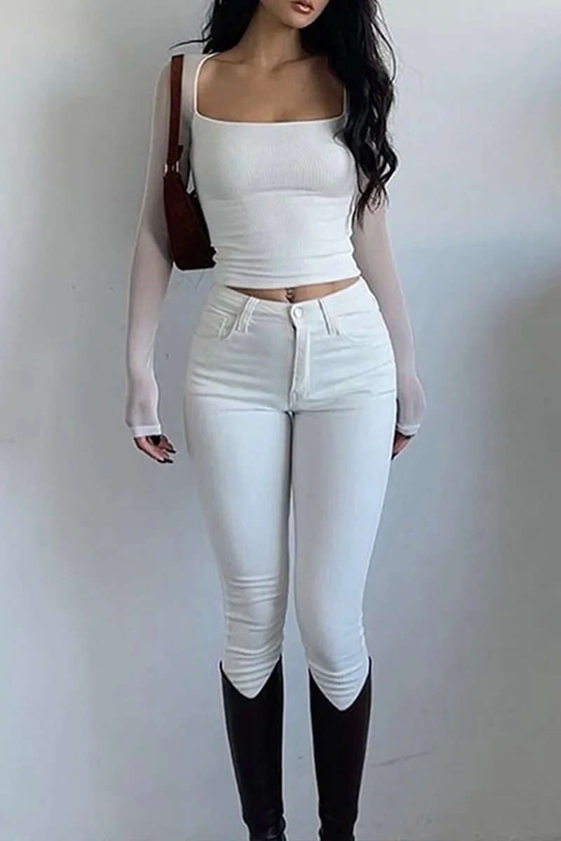 TM0587 Mesh Sleeves Crop Shirt