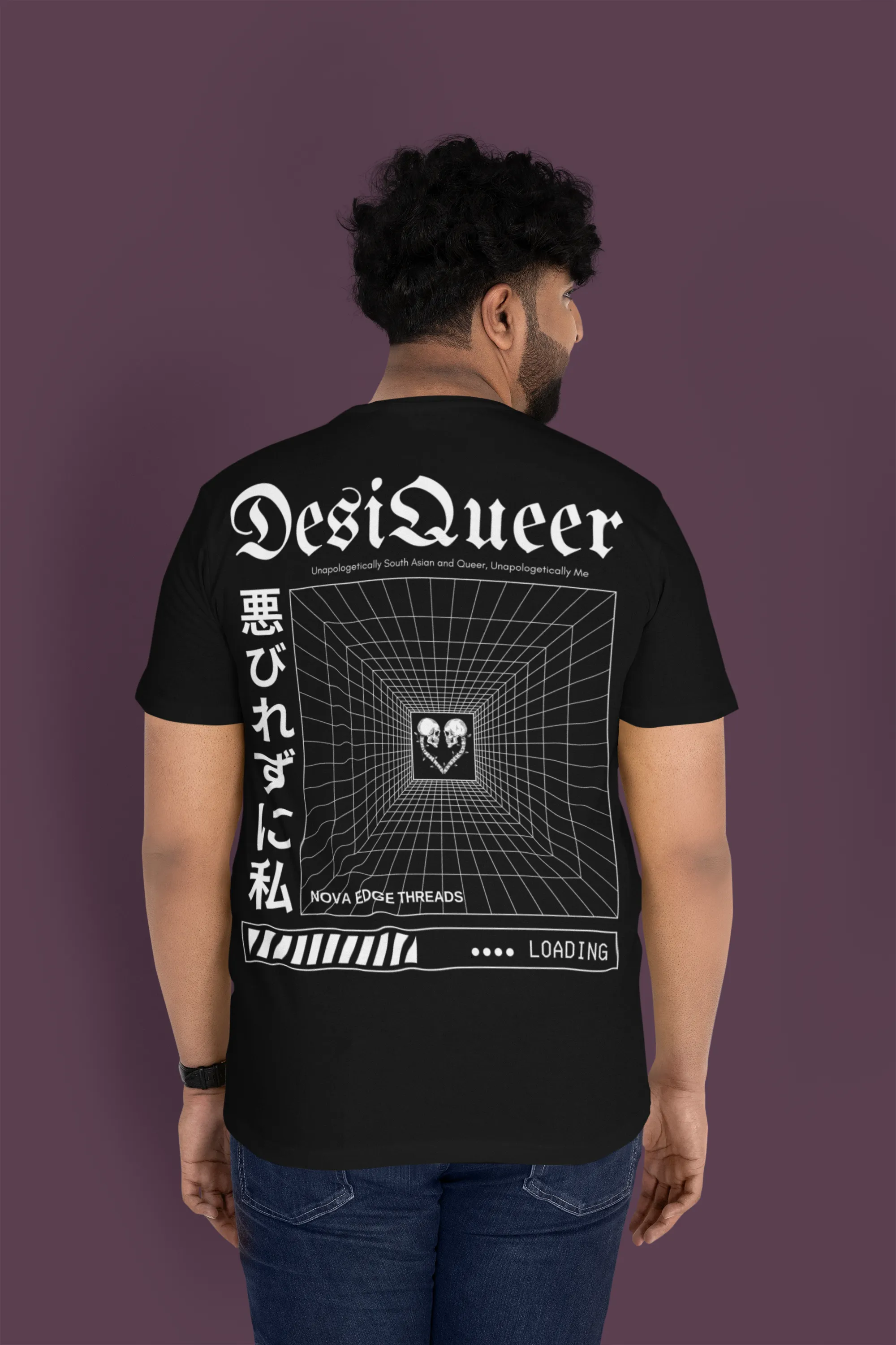 Unapologetically DesiQueer Graphic Tee South Asian Pride Japanese Streetwear Style on Black Oversize Deep Drop Shoulder Tee - 190 GSM