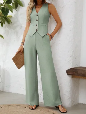 V-Neck Button Front Sleeveless Vest With Asymmetric Hem And Floral Chiffon Fabric, Fake Single Breasted Pocket; Waistband With Pleats And Side Pockets, Floral Chiffon Fabric, Straight Leg Pants.