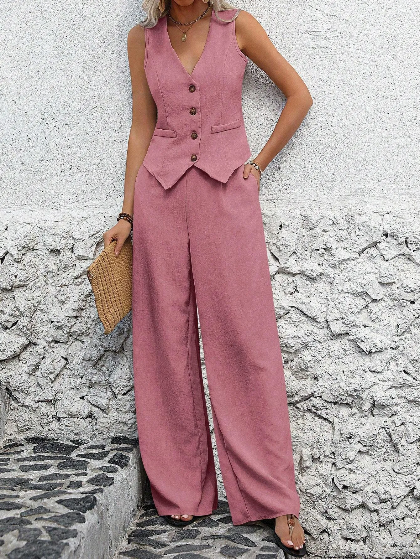 V-Neck Button Front Sleeveless Vest With Asymmetric Hem And Floral Chiffon Fabric, Fake Single Breasted Pocket; Waistband With Pleats And Side Pockets, Floral Chiffon Fabric, Straight Leg Pants.