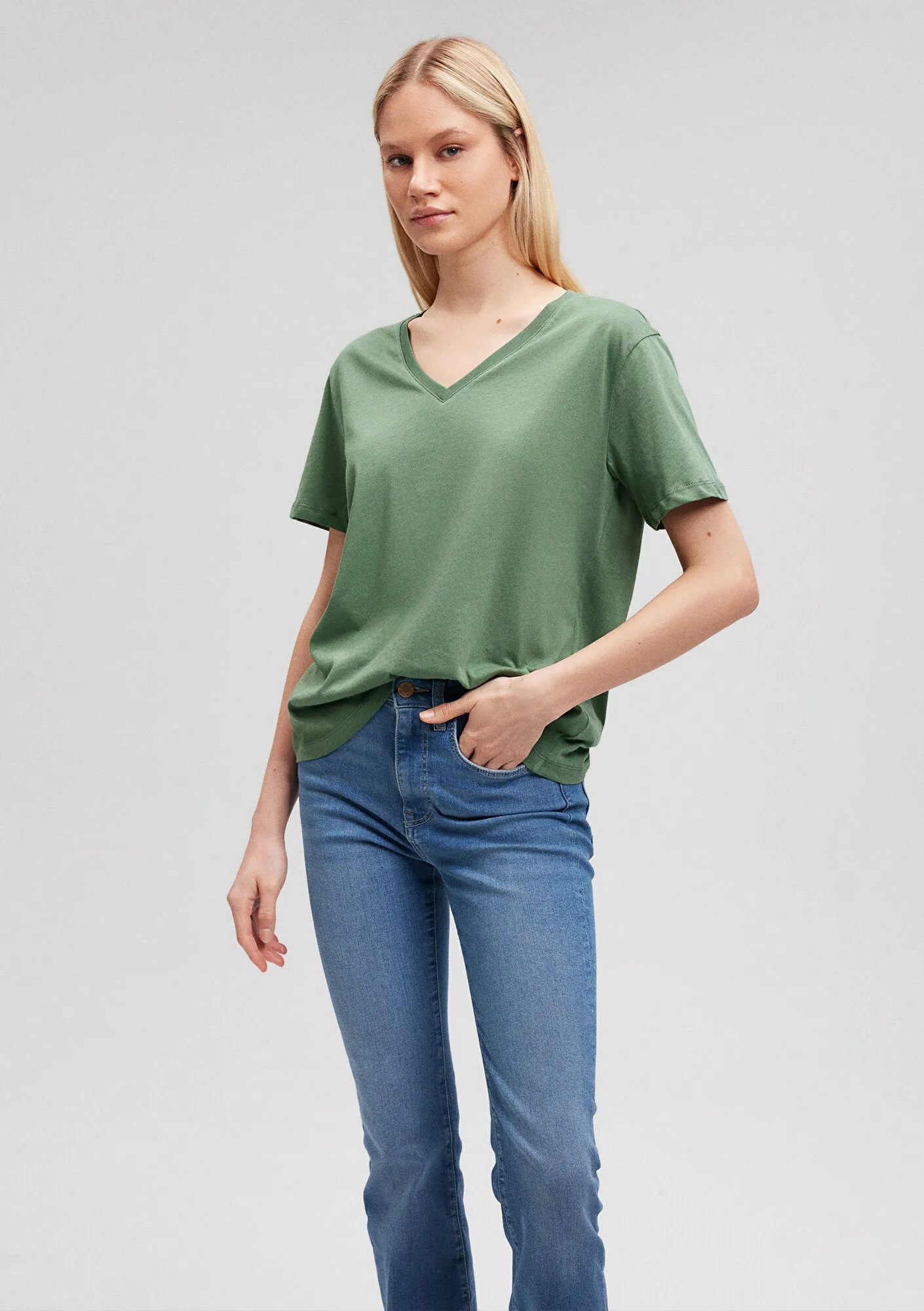 V Neck Green Basic T-Shirt