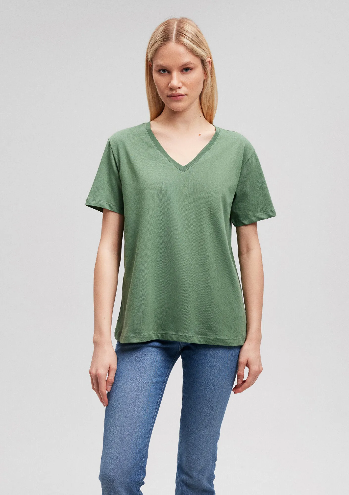 V Neck Green Basic T-Shirt