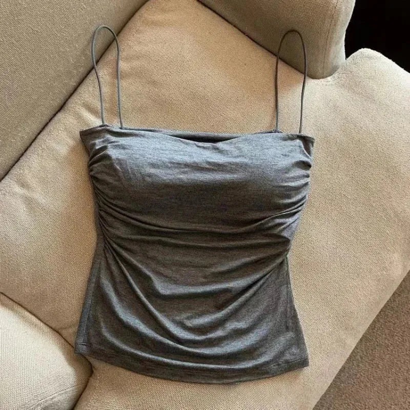 Vesta Belle™ | Women's Sleeveless Pleated Vest | Slim Fit, Solid Color, Thin Shoulder Straps, Fashion Top