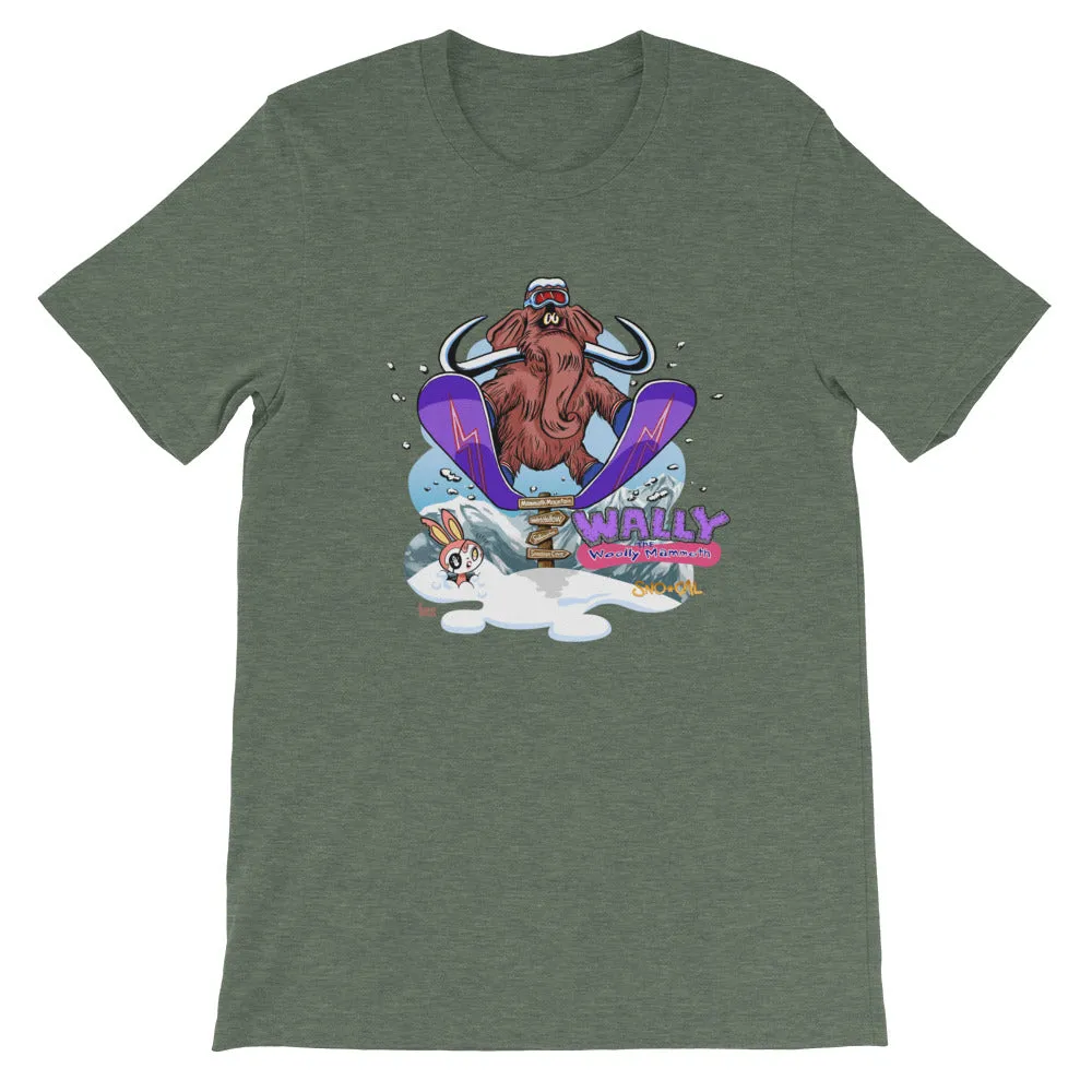 Wally launching over Mammoth sign shirt