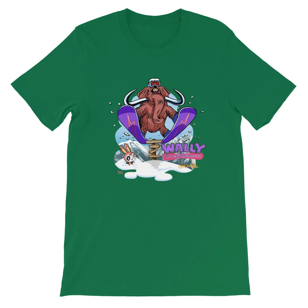 Wally launching over Mammoth sign shirt